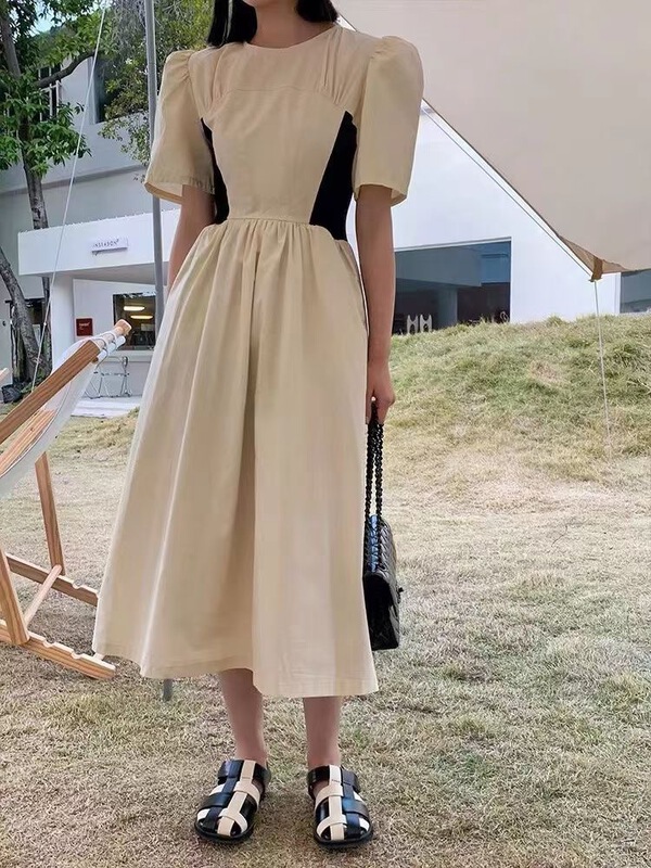 New year in early spring! [Mimosa] Korean round neck color contrast high waist short sleeve dress 1170# hjy