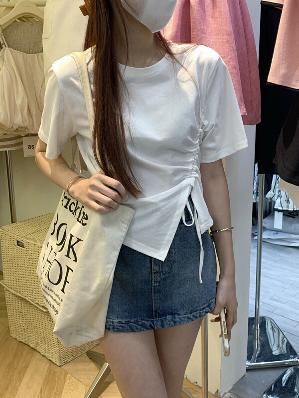 [as] design drawstring irregular short sleeve T-shirt 2218# hjy