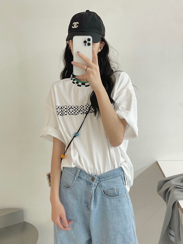 [YT] niche checkerboard neckline letter short sleeve T-shirt t61189# PCZ