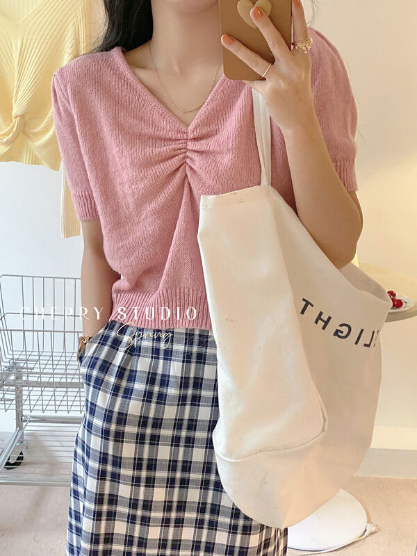 goods in stock! [cherry studio] Korean V-neck knot sweater 5013# HBx