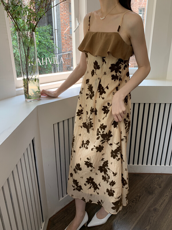 [new open] Ruffle lace suspender French temperament sweet waist closing off shoulder dress db22721# zxl