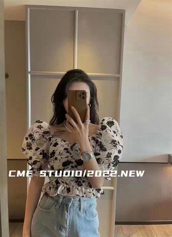 [top] Vintage Print bubble sleeve short shirt b91# ZSY