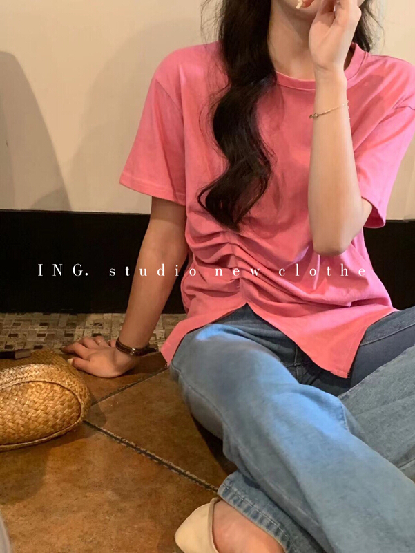 New in early summer! [ing] design pleated waist side slit versatile short sleeve T-shirt ing-7721# HBx