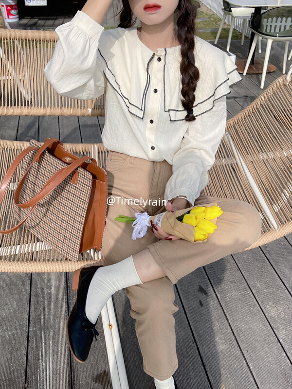 goods in stock! New year in early spring! [timely rain] Han Feng ins retro sweet design double layer big Lapel shirt 05219# jhy