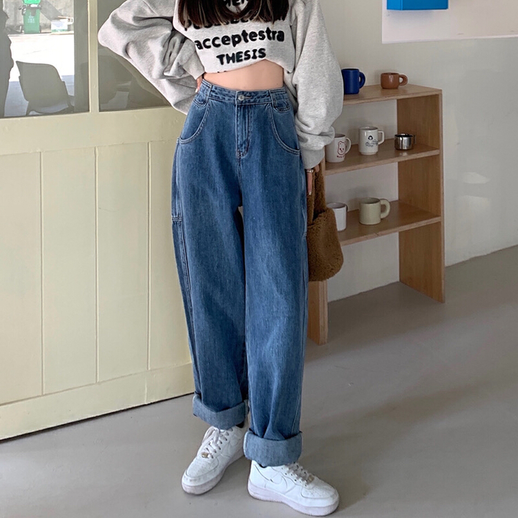 New year in early spring! [timely rain] Han Feng ins high waist thin wide leg pants high waist loose washing floor mopping jeans u2579# YYW