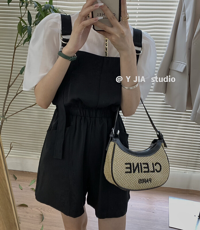 [y.jia Yijia] simple bubble sleeve short sleeve T-shirt + design fashion suspender Pants Set ys1-1052# PCZ