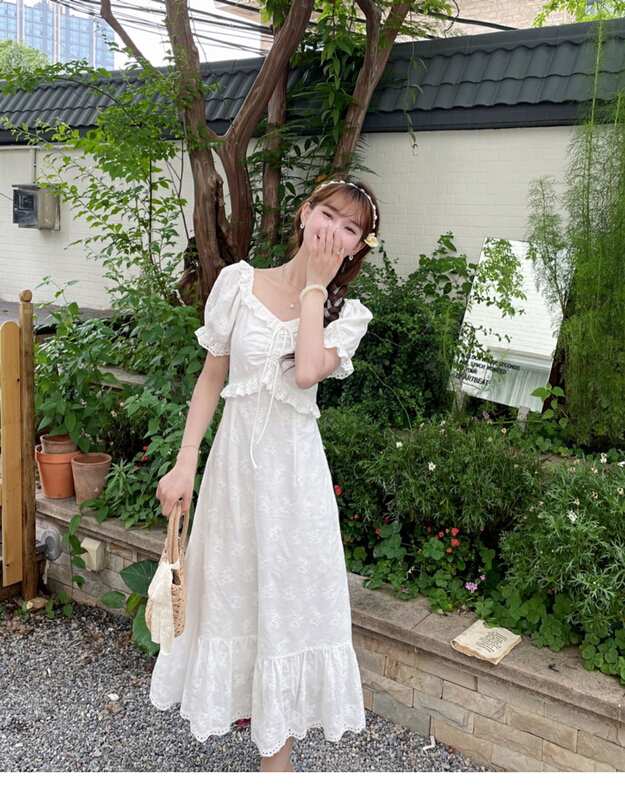 [Yingying new clothes] French soft embroidered V-neck cotton linen slim fitting dress 7519# Cl