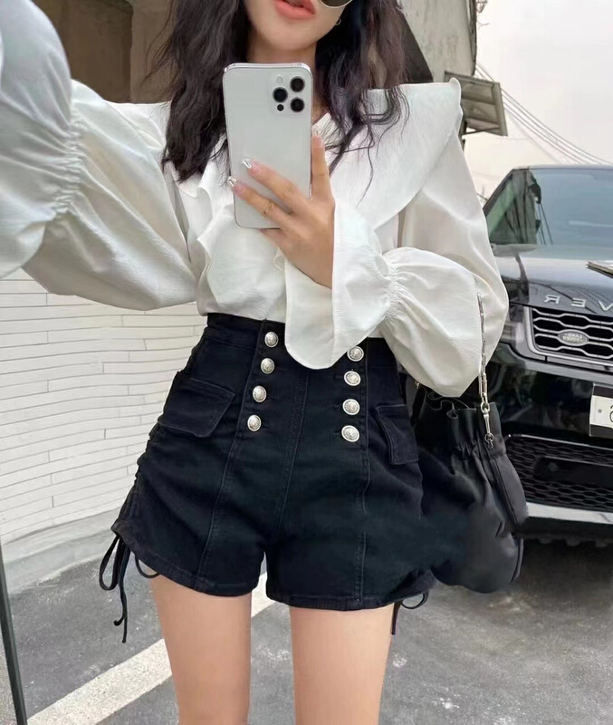 [py jeans] high waist elastic drawstring denim shorts 1233# ozq