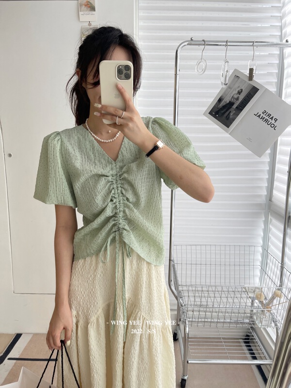 [Wingyee] Korean style V-neck drawstring wave point blouse 9608# ll