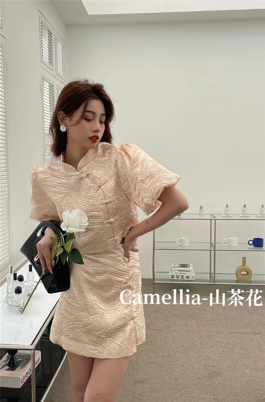 goods in stock! New in early summer! [Camelia] temperament national style little woman bubble sleeve short blouse + simple A-line skirt set 9715# hjy