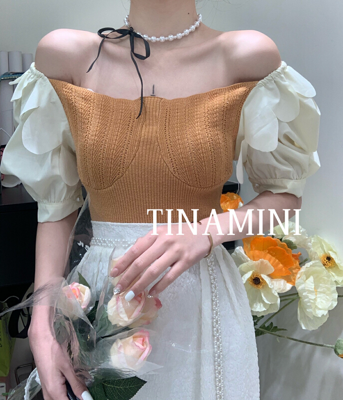 goods in stock! New in early summer! [tinamini] Korean version splicing Square Neck Shirt 2219# hjy