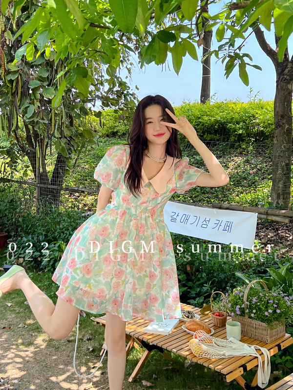 [digm] Korean doll collar broken flower thin bubble sleeve dress 2712-1# zxx