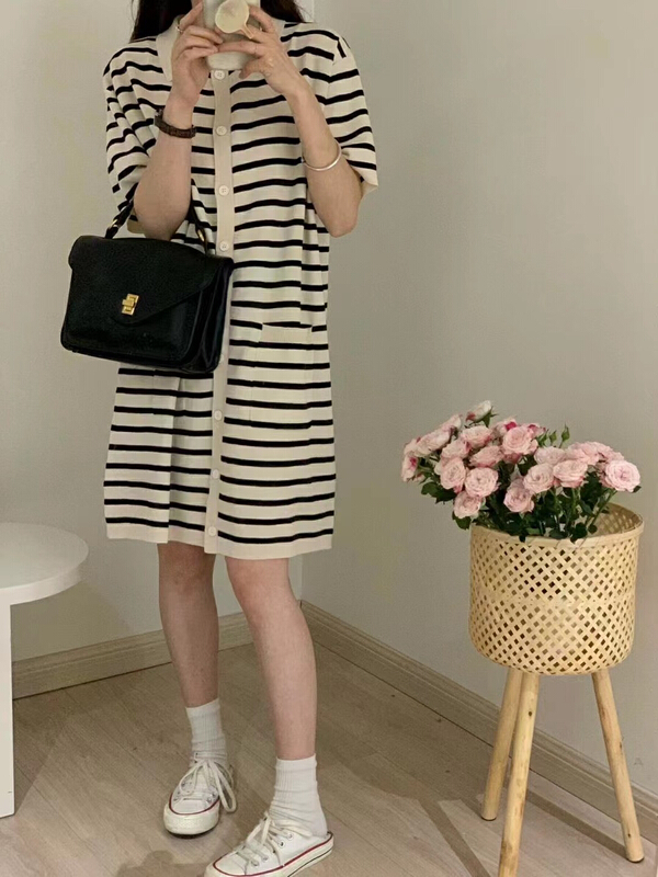 [R n] Korean Polo neck casual stripe slim loose dress 80958# ll