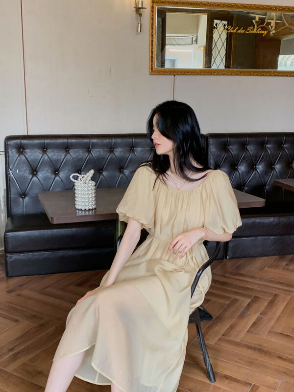 goods in stock! New in early summer! [Hanna Hanna] elegant and simple careful machine backless Lantern Sleeve waist closing dress m5227# XJ