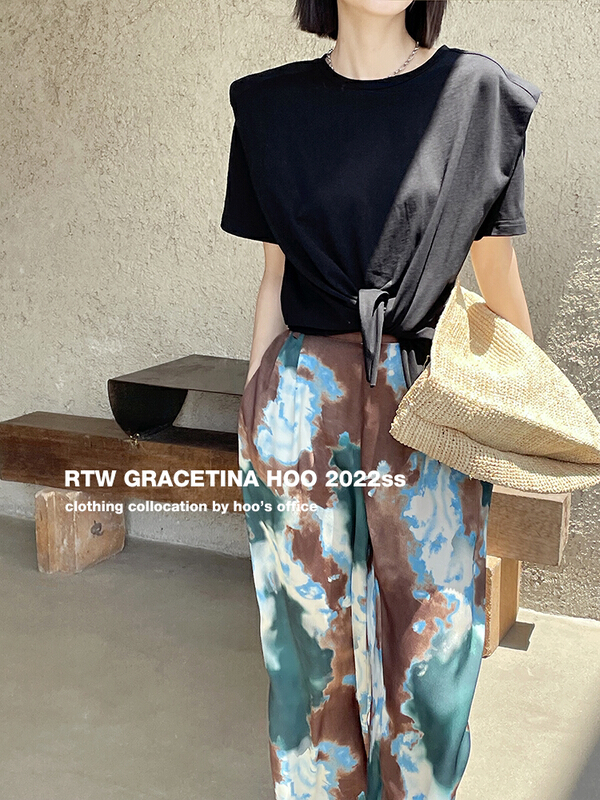 [gracetina Hoo] irregular hem knot closed waist short sleeve T-shirt t6189