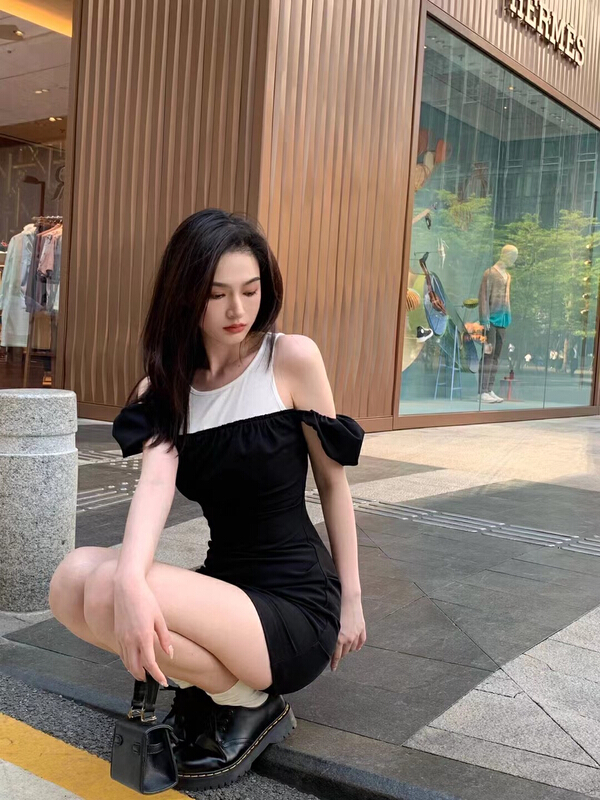 [Hello Miss] black and white picture mosaic dress 8182# PCZ
