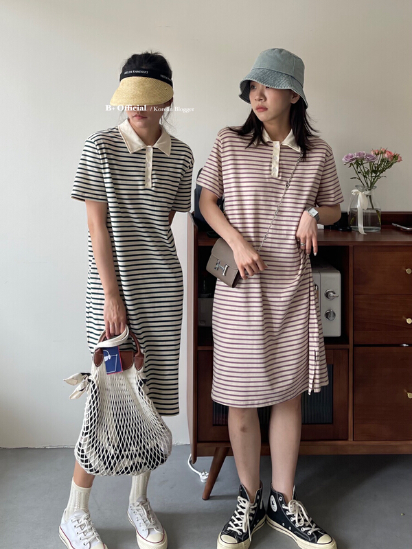 New in early summer! [B plus] striped lazy casual polo dress 22-9251-2# HBx