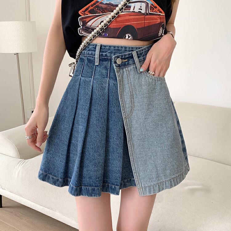 New year in early spring! Ls61 # four season patchwork denim pleated skirt