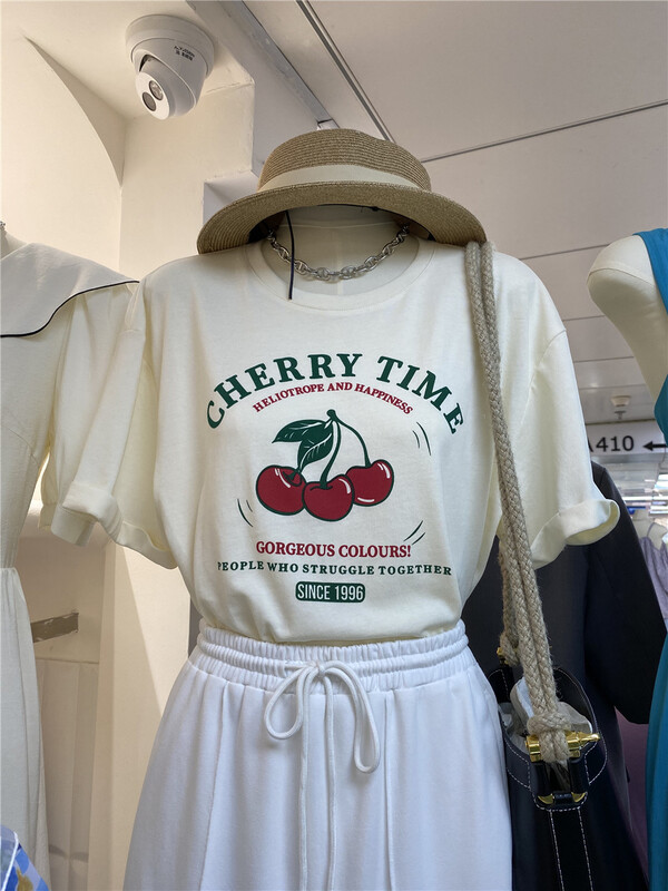 [hi candy] Korean versatile cherry print short sleeve T-shirt b7398# lwy