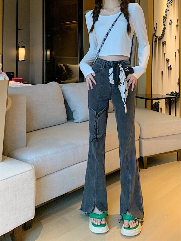 [ten. 10] Korean version of INS niche high waist split strap jeans 5986# WPL
