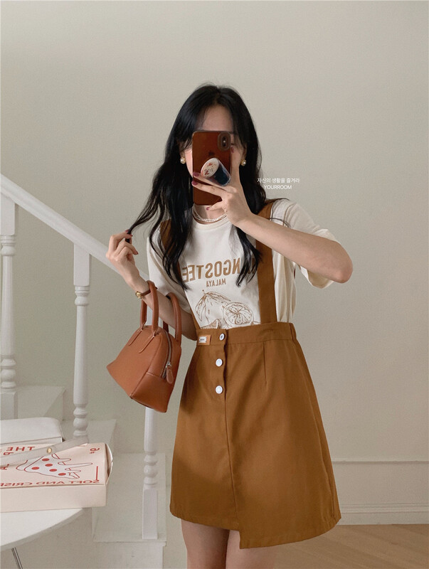 [your room] Korean alphabet short sleeve T-shirt + label casual strap skirt two-piece set (with detachable strap) 3283# cqw