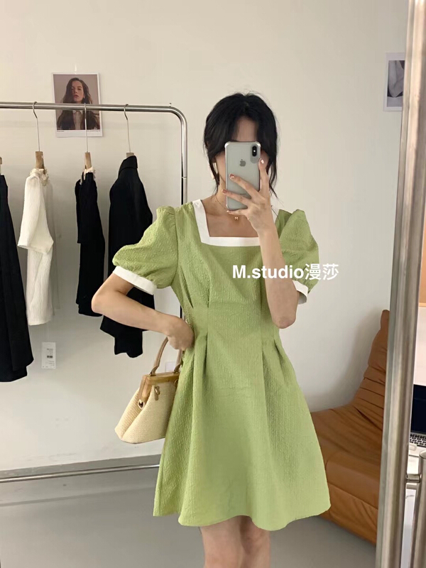 [MSTUDIO MANSA] Korean color contrast square neck bubble sleeve waist closing dress t036# ll