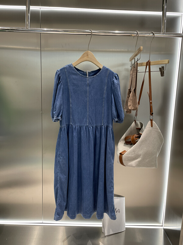 [bobo1972] Korean version solid color loose bubble sleeve denim dress 216936# ozq