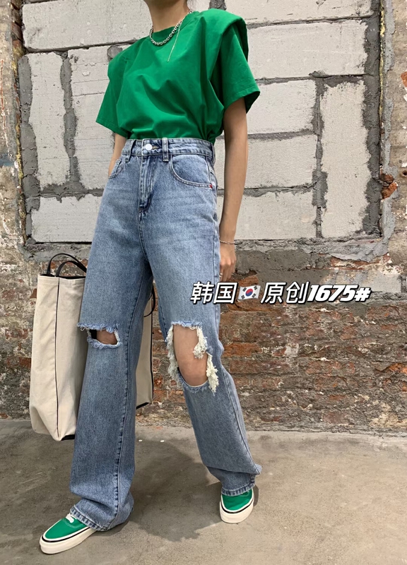 New year in early spring! [original in Korea] Korean fashion wide leg jeans with holes 1675# L