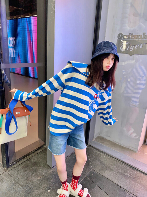 [Nancy] contrast stripes cute cartoon design Lapel long sleeve T-shirt bs6120# WPL