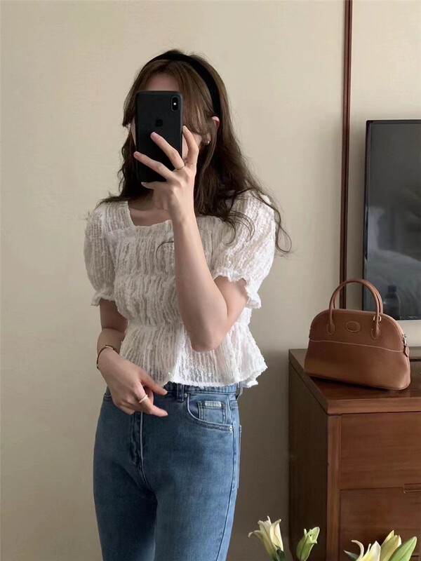 New in early summer! [sunny] little woman's square neck short shirt 1891# hjy