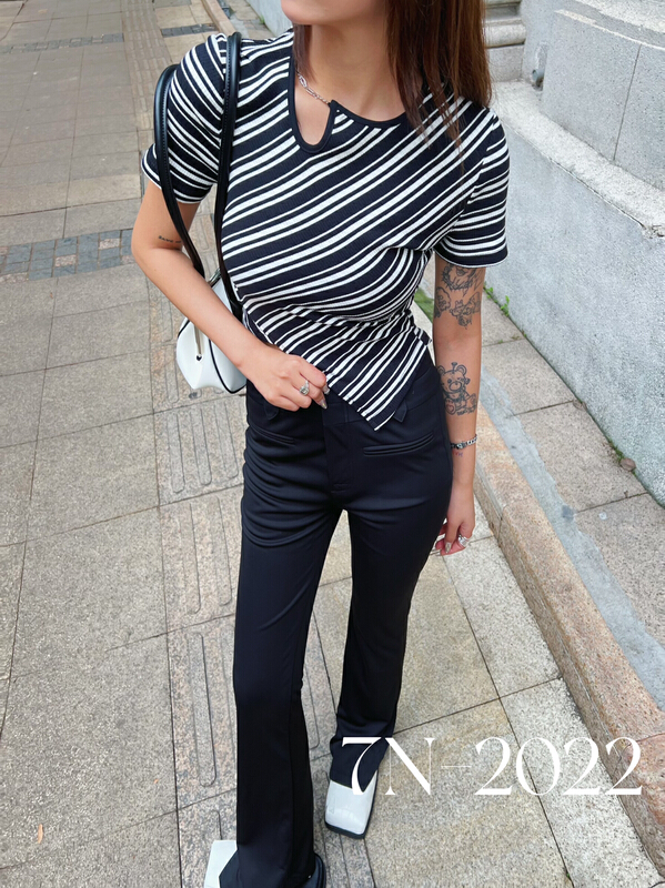 [7n] Korean striped chain is irregular, versatile and thin sweater 8338# ozq