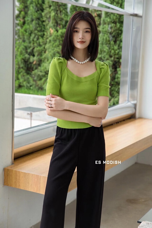 [es modish] square necked waistband knit bl1679# XYJ