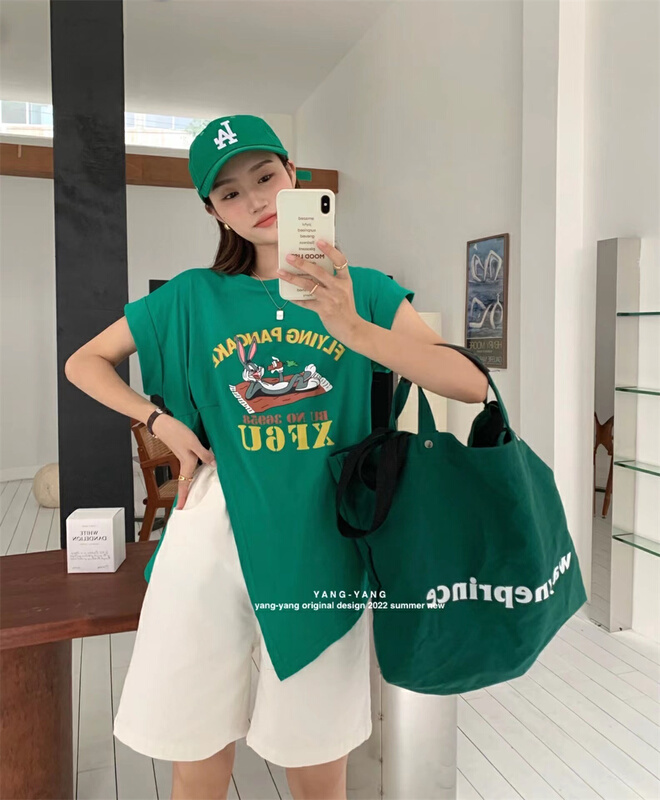 [Yang-Yang] simple and versatile cartoon irregular split short sleeve T-shirt c6213# CLS
