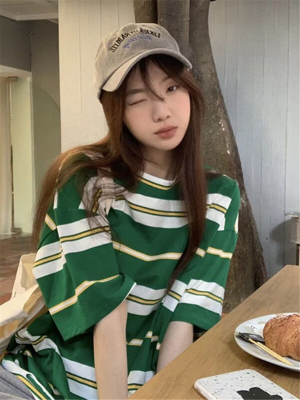 [CC +] Korean stripe comfortable short sleeve T-shirt 8375# L