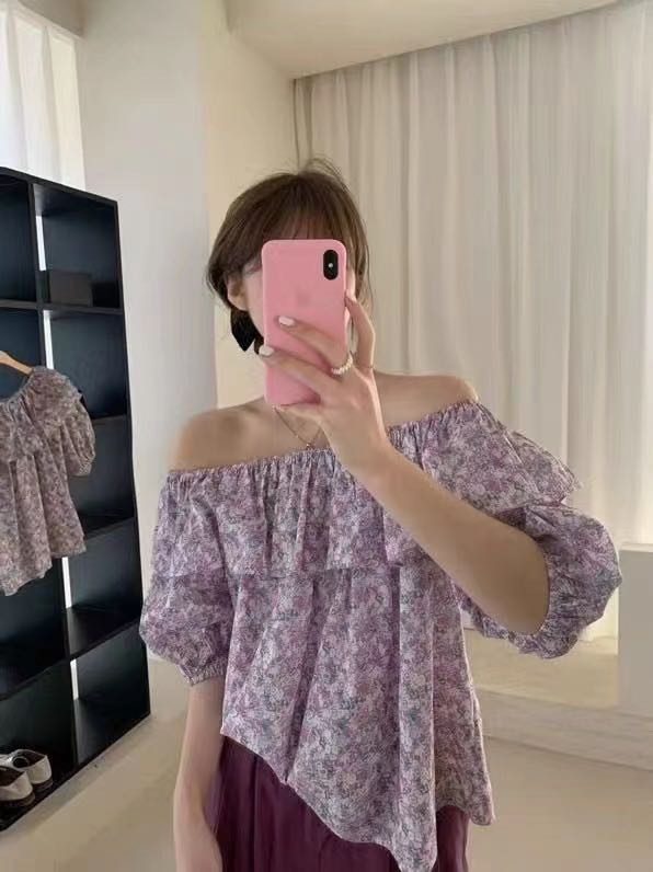 goods in stock! New in early summer! [RS] one line shoulder lotus leaf edge floral blouse dh2109# XYY