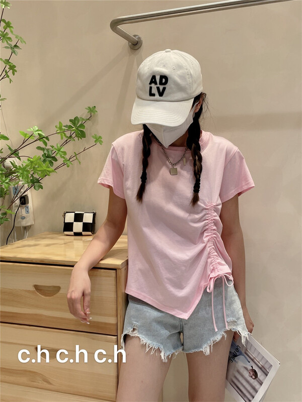 New in early summer! [C.H] round neck drawcord design feeling back slit short sleeve T-shirt 530# LSW