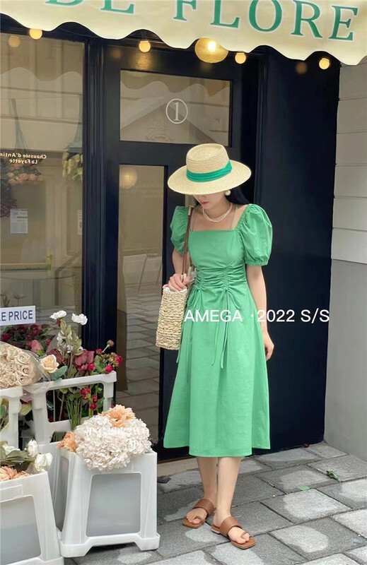 [amega] square neck drawstring pleated bubble sleeve dress 6954# HBx