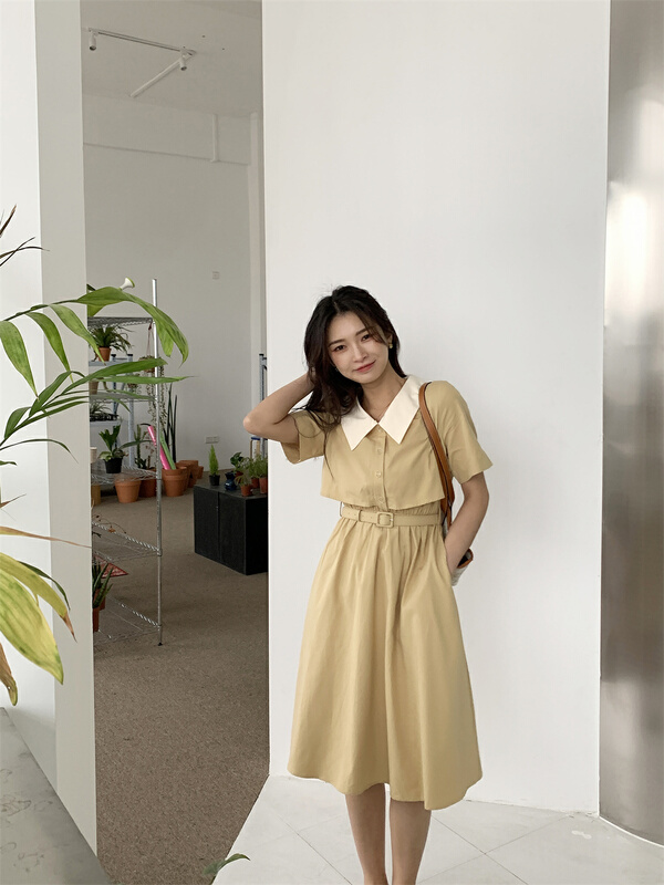 New in early summer! [woo shop] color blocking waist closing fashion dress (with belt) 32830# WPL