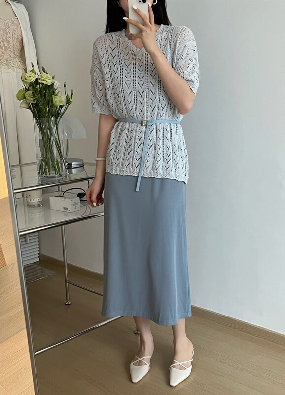 [sunshine] solid color loose knit + solid color suspender skirt two piece suit (with waist rope) ys1-30168# cqw