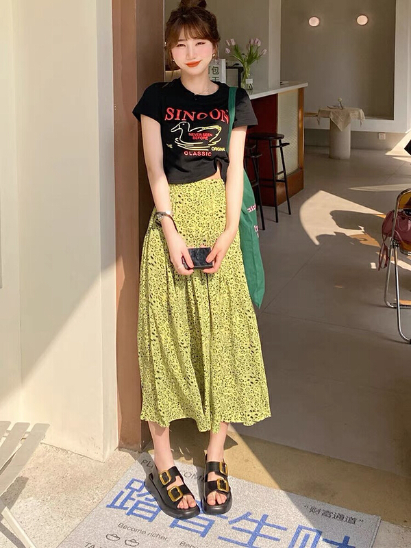 [jun.t] Korean alphabet printed T-shirt + Green Leopard Print Skirt Set 5993# PCZ