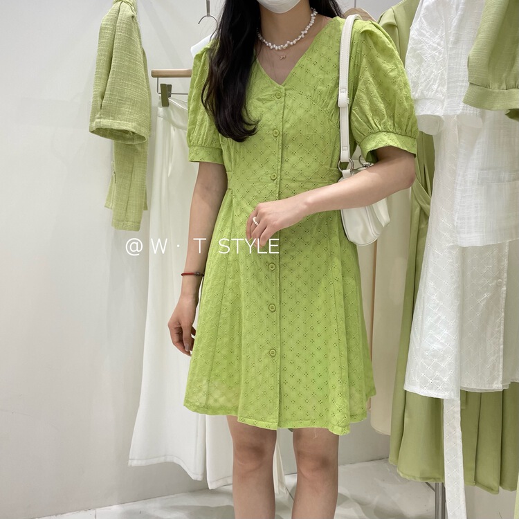 [wt] V-neck lace up breasted dress a9036# HBx