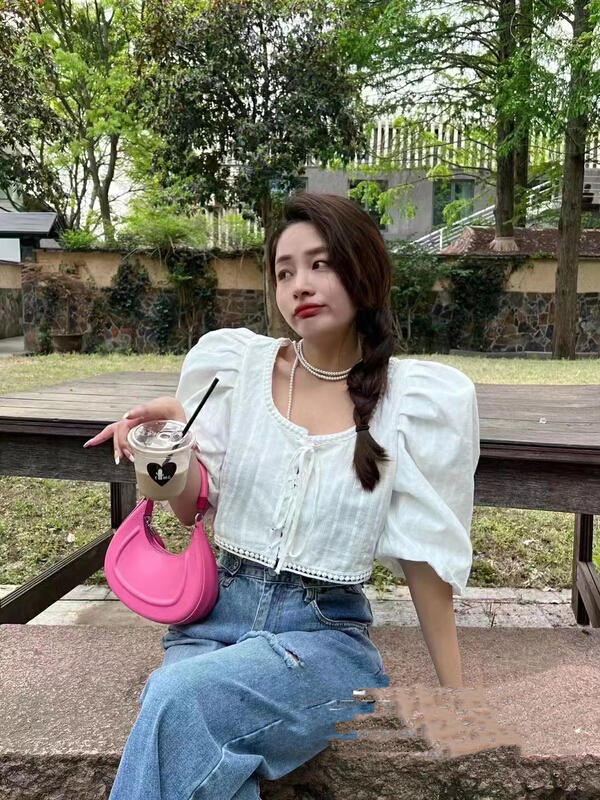 [I do do] Korean style texture bubble sleeve short shirt 8173# cqw