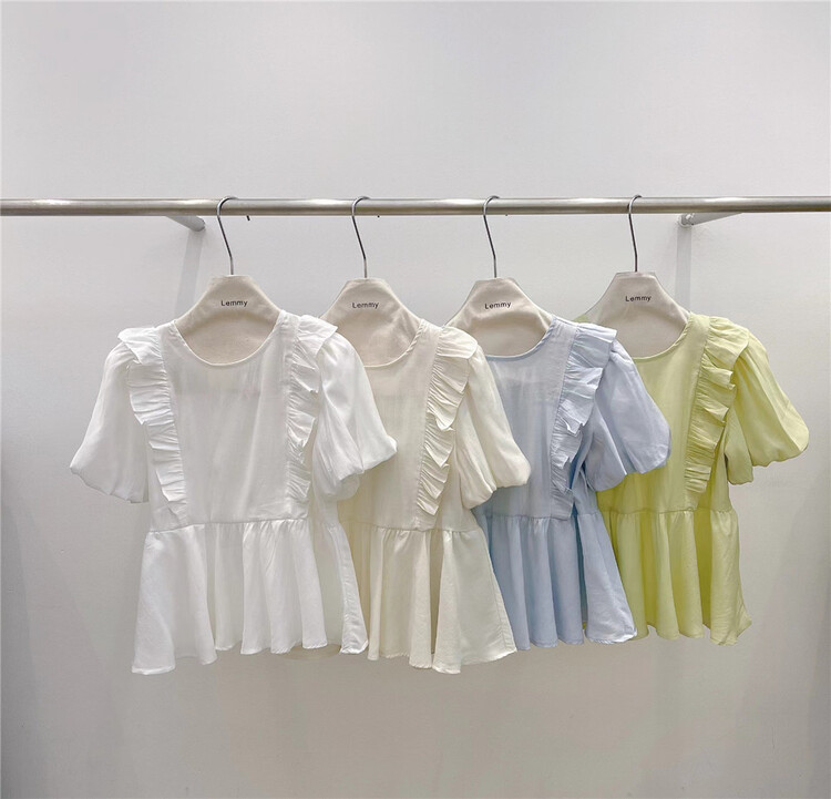 [Lemmy] solid color ruffled bubble sleeve shirt 8570# HBx