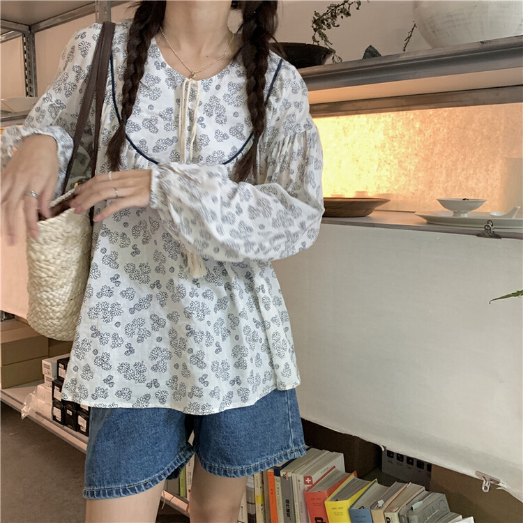 New year in early spring! [timely rain] Han Feng ins round neck loose long sleeve tassel lace up loose shirt 1857# jhy