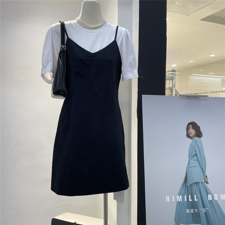 [naimier] pure white T-shirt + buckle suspender skirt set 2127# LSW