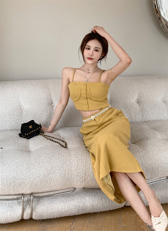 [Doudou family] retro waffle slim sling + slim mid length skirt suit (with belt) 88307# CLS