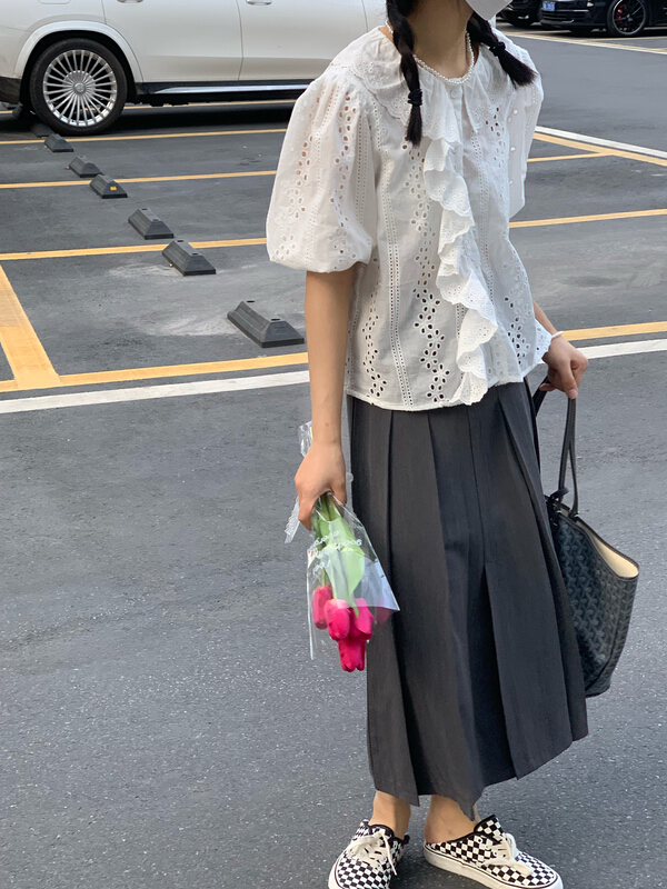 New in early summer! [meet + studio] lotus leaf collar solid color versatile small shirt 52361# LSL