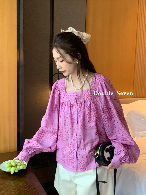 【DOUBLE SEVEN】復古腰果花方領長袖小衫  28760#  ZXX