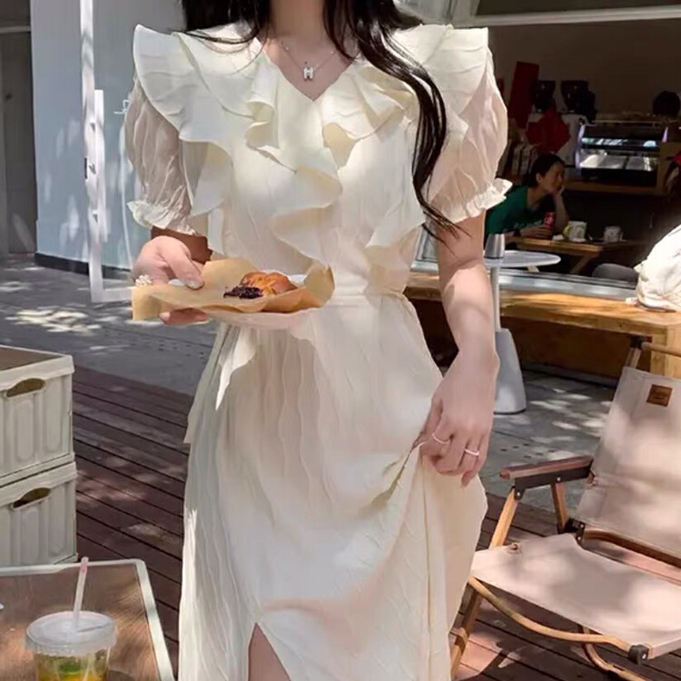 [Yingying new clothes] French Ruffle edge chic milk sweet gentle wind split dress 6176# Cl
