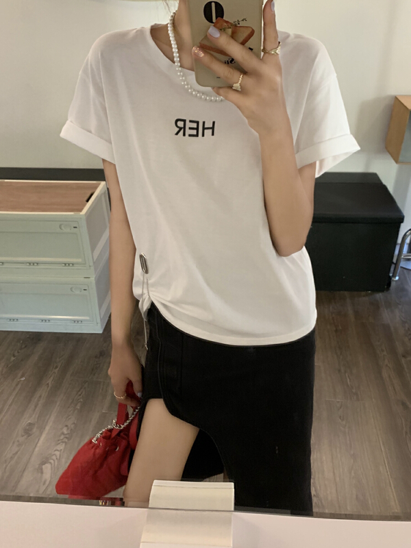New in early summer! [qixuan'er] Korean printed letter hem chain short sleeve T-shirt 2666# LSW